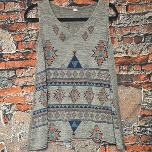 Boho Aztec-Print Sleeveless Top - Gray with Blue & Orange Size M/L
